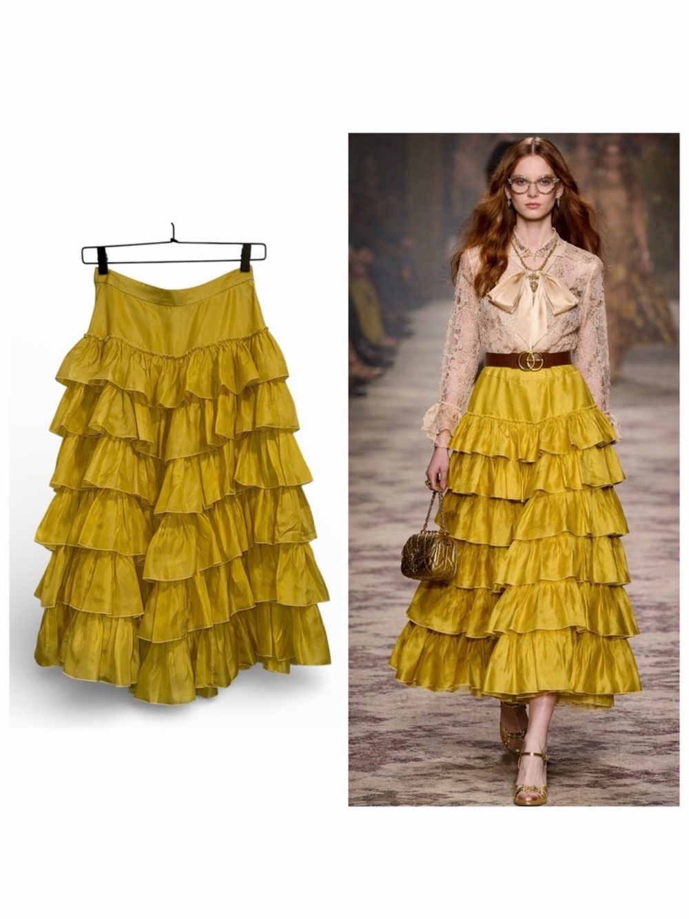 Gucci Yellow Silk Midi Skirt Tiered Ruffle 2 Wedding Cocktail Boho Formal NWT 🟠
